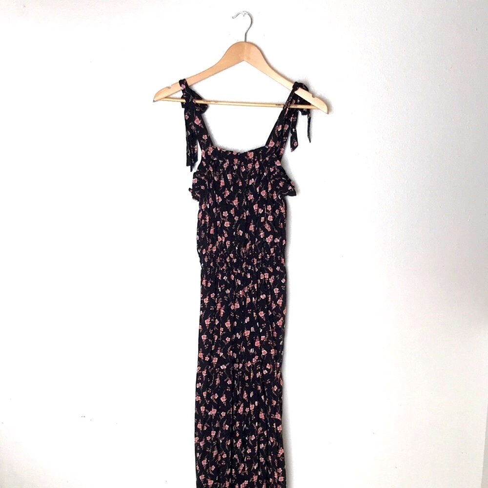 Black & Pink Floral Tie Strap Maxi Jumpsuit Cottagecore Girl Next Door - XS